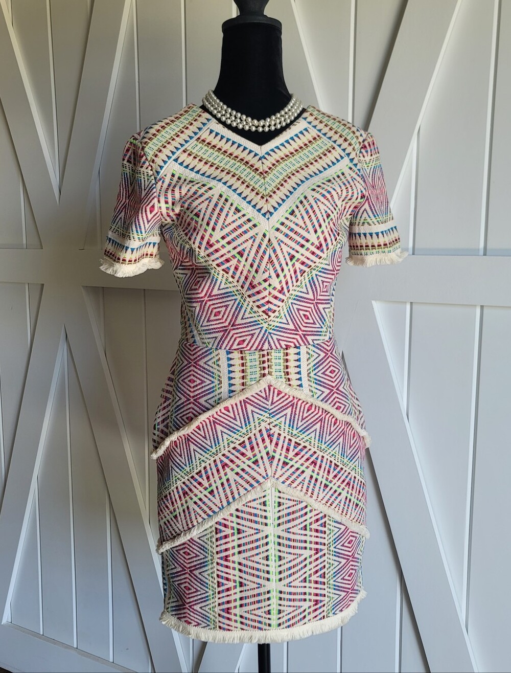 Adelyn Rae Multicolor Geo Fringe Trim Mini Dress - White Base